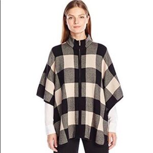 Tan Navy Plaid Zip Poncho Sweater